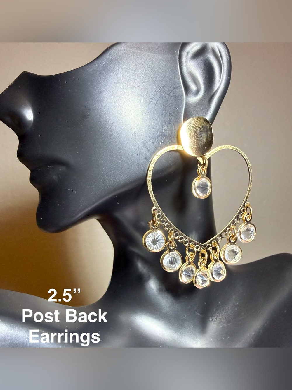 Gold Heart Drop Earrings with Crystal Dangles